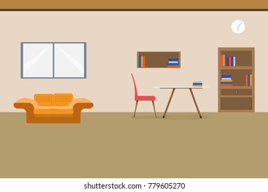 Interior office design relax With sofa table chair bookcase and window. vector illustration