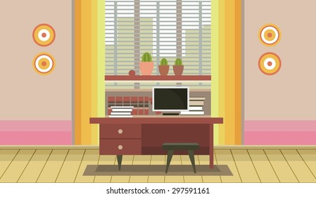 interior of an office desk near a window into a flat style