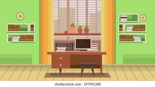 interior of an office desk near a window into a flat style
