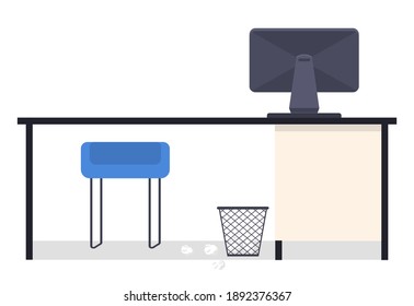 Interior of office empty workplace isolated at white. Chair, office table with computer monitor, bin and two crumpled paper. Design of workspace. Cartoon vector illustration, simple icons, nobody