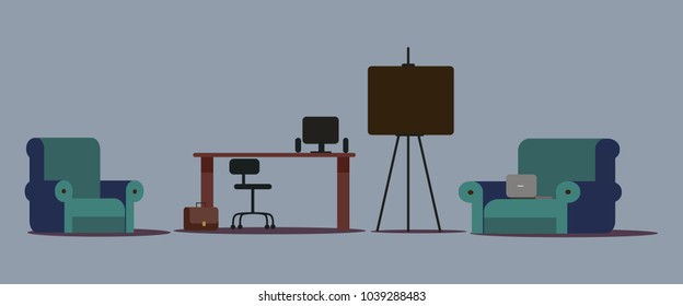 Interior, office, furniture, background, set of office furniture, flat style, vector illustration.
