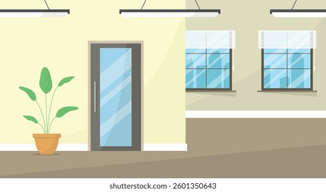 Interior of an office hall with a cabinet, a plant and windows. Commercial real estate. Rent, sale.