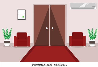 Interior of an office or hotel corridor, or a waiting room with furniture: armchairs, flowers, air conditioning, large carpet doors in a flat style