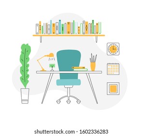 The interior of the office in a modern flat style. Equipped workplace. Vector illustration isolated on a white background. Design of a room with a desktop, armchair, bookshelf and houseplant.