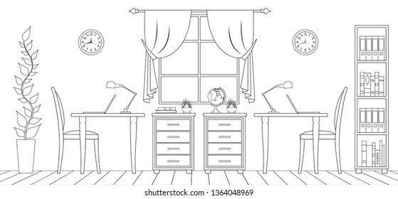 Interior office in outline style. Room with desktops and appliances. Linear illustration. Vector sketch of the thin lines of the workplace.