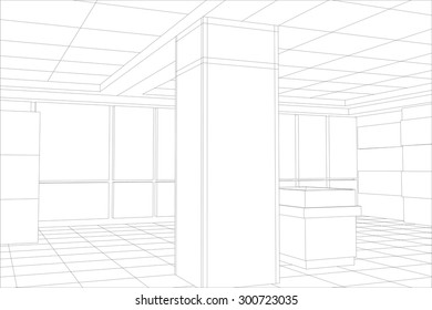 Interior office outlined. Tracing illustration of 3d. EPS 10 vector format.
