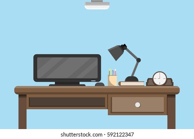 interior office room with computer on the wood table and lamp clock and stationary on the blue wall.vector and illustration