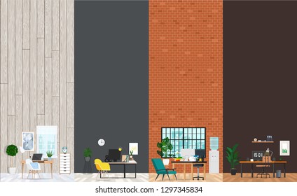 Interior office room. Different styles of design.