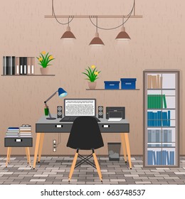 Interior of office room including work space with laptop, printer, lamp, houseplants. Flat style vector illustration.