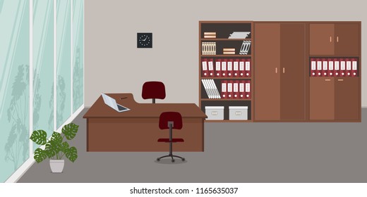 Interior of an office room with a large window. There is a desk, red chairs, cabinets for documents and a flower in the picture. On the desk is a laptop. Vector illustration.