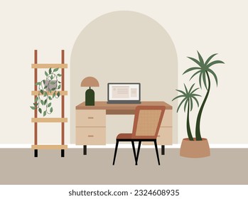 Interior of the office room. Vector flat illustration of work desk with chair, laptop, plants and other decor. Scandinavian or japandi interior style