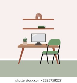 Interior of the office room. Vector flat illustration of work desk with chair, monitor, plant and other decor. Scandinavian or japandi interior style