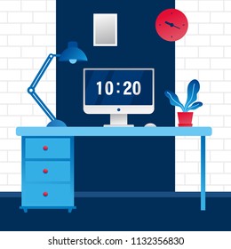 Interior office room. Vector illustration  office design. Work space with computer