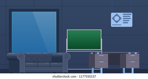 Interior of office room, work cabinet with furniture in form of sofa, desk, green educational board, screen for presentations, conferences, modern projector and equipment. Vector illustration.