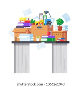 Interior office room, workplace. Office table, workplace with pile of paper documents, folders. Business working documents, paper, stationery, scaning materials, carton boxes. Vector illustration.