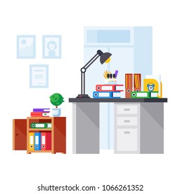 Sala de oficina interior y lugar de trabajo. Mesa de oficina, lugar de trabajo con pila de documentos en papel y carpetas de archivos, trabajo de negocios. Documentos comerciales, papel, materiales de escaneo. Ilustración vectorial.