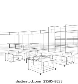 Innenausstattung mit Sesseln und Tischdecken Vektor 01. Illustration einzeln auf weißem Hintergrund. Eine Vektorgrafik von vier Sesseln und einem Tisch.