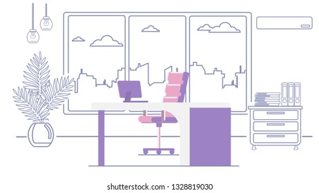 The interior of the office space. Workplace. Minimalistic environment. Wide window overlooking the city.