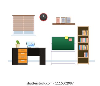 Interior office working room with furniture, in form armchairs and classic table, windows with shutters, board with tasks and stand, shelves with awards, cupboard. Vector illustration.