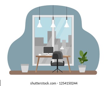 Interior of the office workplace with furniture. Flat cartoon style. Vector illustration