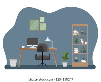 Interior of the office workplace with furniture. Flat cartoon style. Vector illustration