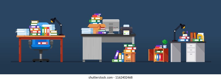 Interior of office workplaces, with tables, working equipment, mountain of documents, large pile of papers, furniture, accessories in form lighting lamps, plants, stationery. Vector illustration.
