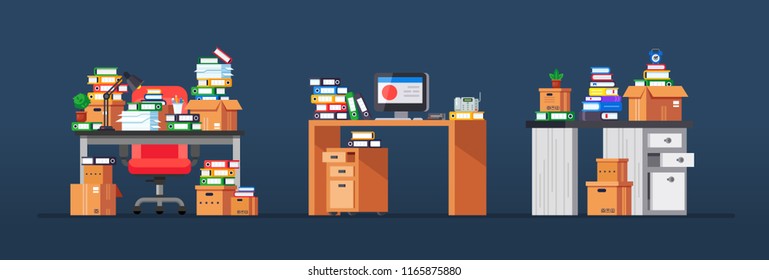 Interior of office workplaces, with tables, working equipment, mountain of documents, large pile of papers, furniture, accessories in form lighting lamps, plants, stationery. Vector illustration.