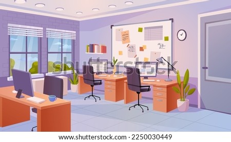 Interior of office with workspace and board for tasks and ideas. Room with computers on desks and comfortable chairs, office supply. Vector in flat style