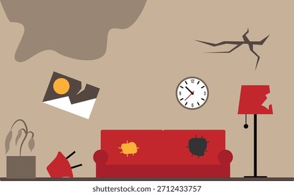 Interior of an Old Broken Abandoned Apartment Flat Style. Interiors and architecture, messy lifestyle vector art