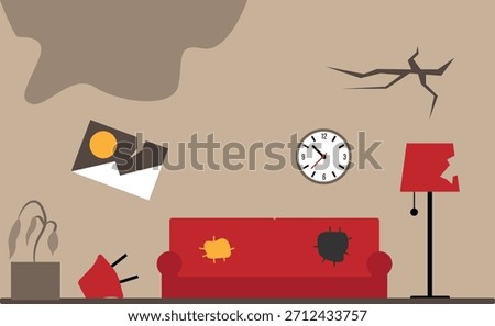Interior of an Old Broken Abandoned Apartment Flat Style. Interiors and architecture, messy lifestyle vector art