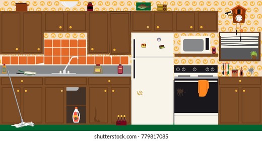 Interior of an old dirty outdated kitchen before renovation, EPS 8 vector illustration