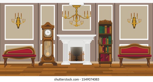 
interior of the old living room with fireplace and large clock