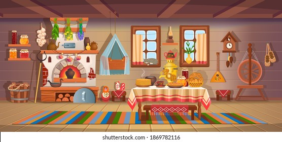 The interior of an old Russian hut with old baby cradle, russian stove, spindle, samovar, dry herbs,balalaika, matryoshka, bast shoes, jam, wooden bucket, windows, door.Old kitchen interior.Сartoon  
