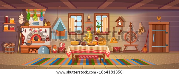 The interior of an old Russian hut with old baby cradle,\
russian stove, spindle, samovar, dry herbs,balalaika, matryoshka,\
bast shoes, jam, wooden bucket, windows, door.Old kitchen\
interior.Сartoon  