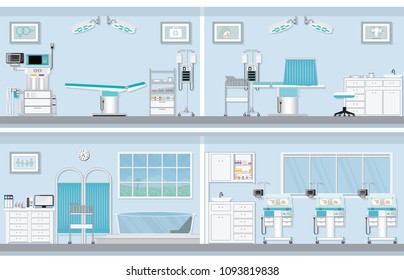 Interior of operating room for birthing of pregnant woman, birth Surgery, natural birth ,giving birth in water and child care newborn baby inside infant incubators, vector illustration.