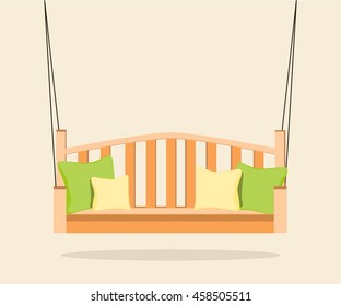 Interior. Orange swing bench with pillows.