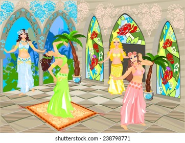 Interior oriental palace and belly dancer