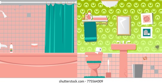 Interior Of An Outdated Bathroom Before Renovation, EPS 8 Vector Illustration