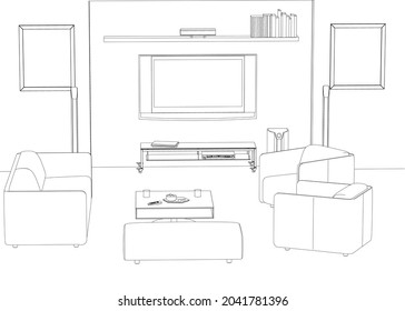 Interior outline with armchairs, sofa, table and TV. Guest room for relaxation. Vector illustration