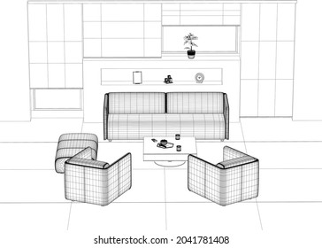 Interior outline with armchairs, sofa, table and TV. Wireframe of the guest room for relaxation. 3D. Vector illustration