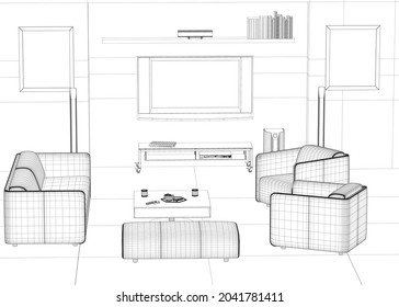 Interior outline with armchairs, sofa, table and TV. Wireframe of the guest room for relaxation. 3D. Vector illustration