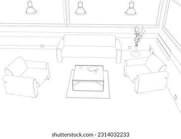 Interior outline with armchairs, sofa and table. Guest room for relaxation. Vector illustration.
