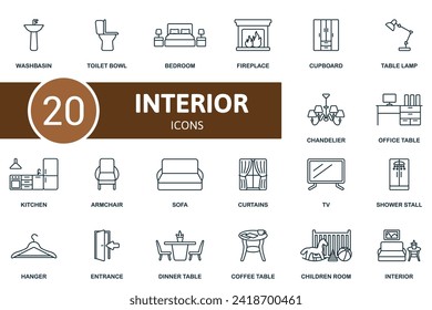 Symbole der Innenarchitektur. Kreative Symbole: Waschbecken, Toilettenschüssel, Schlafzimmer, Kamin, Schrank, Tischlampe, Kronleuchter und vieles mehr