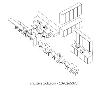 interior outline isometric wireframe sketch drawing perspective , office vector eps format.