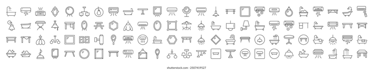 Interior Outline Simple Icons Bundle. Contains Icons of Conditioner, Mirror, Table, Lamp, Chandelier, Bathroom that Can Be Used for Design of Cards, Posts, Apps, Web Sites