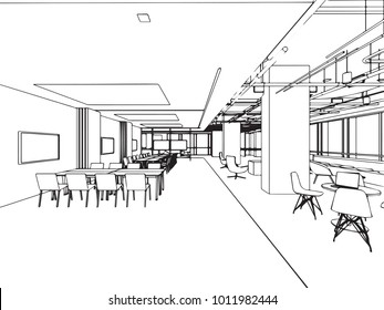 interior outline sketch drawing perspective , office vector eps format.