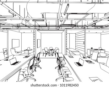 interior outline sketch drawing perspective , office vector eps format.