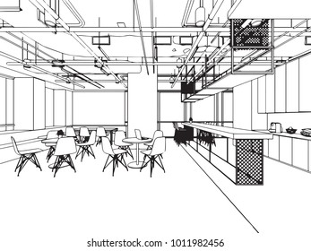 Interior Outline Sketch Drawing Perspective Office Stock Vector ...