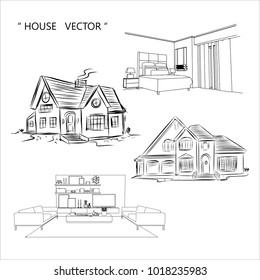 interior outline sketch drawing perspective of a space office.Workplaces . Tables, chairs and windows. Vector illustration in a sketch style.Sketch of  house architecture .Drawing  free hand residence