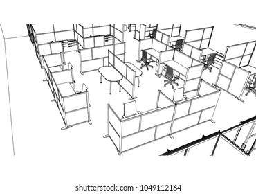 interior outline sketch drawing perspective of a space office.Workplaces . Tables, chairs and windows. Vector illustration in a sketch style.
